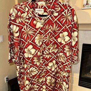 Campia Red Hibiscus and Palm Leaves Rayon Hawaiian Shirt Size L